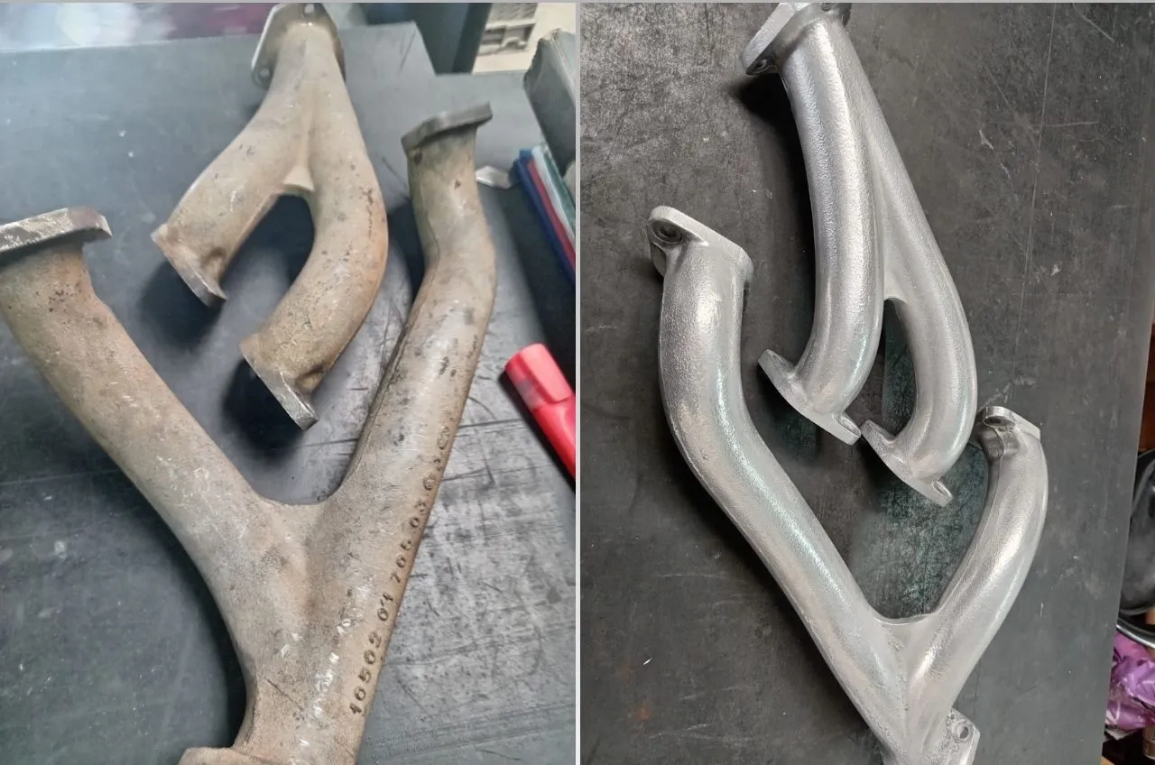 An exhaust manifold before and after a ceramic coating