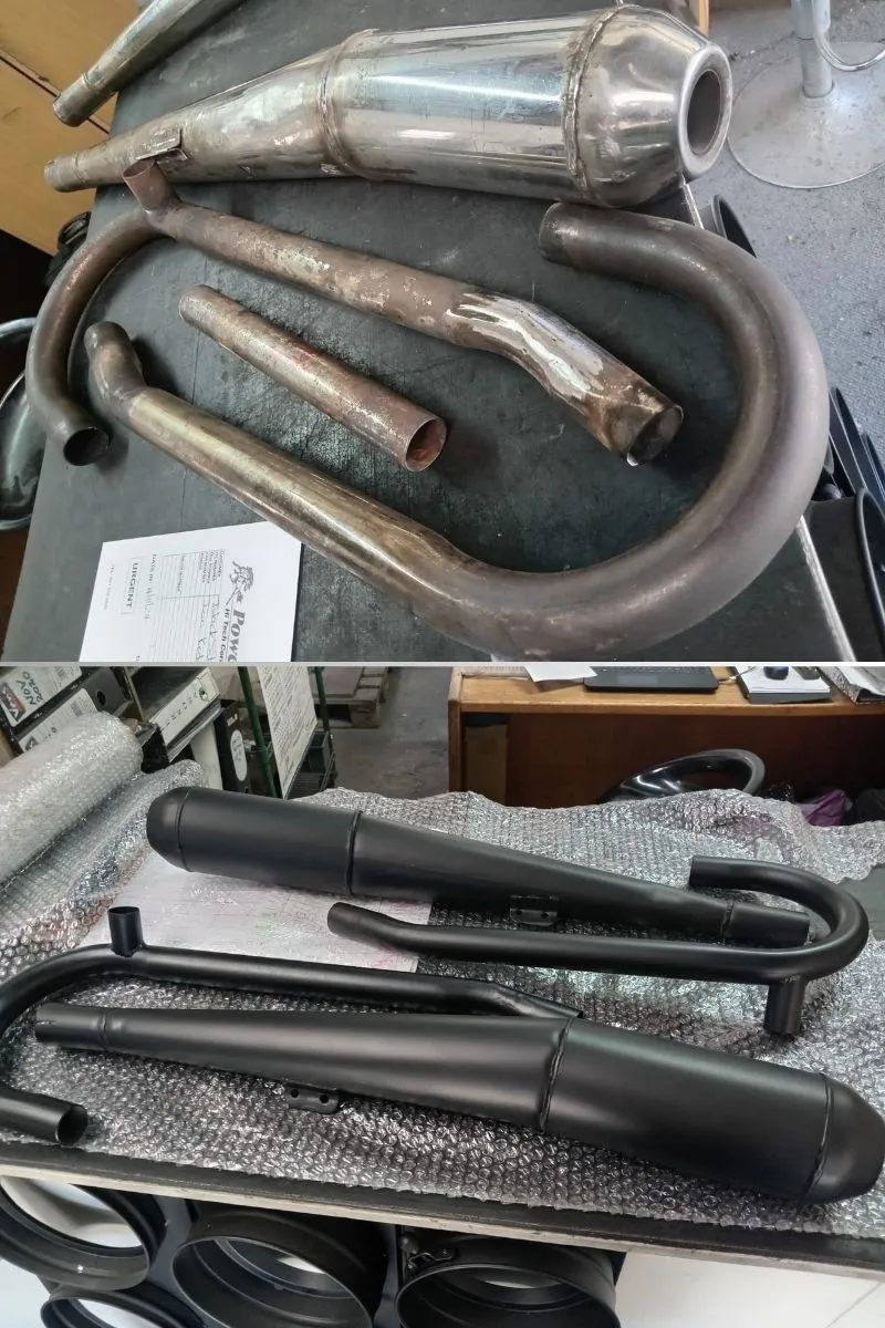 A motorcycle exhaust before and after a ceramic coating