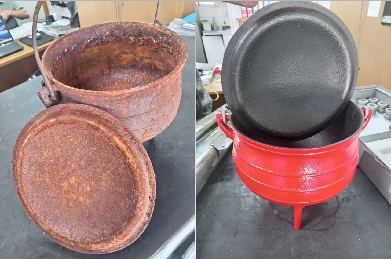 A potjie pot before and after a ceramic coating
