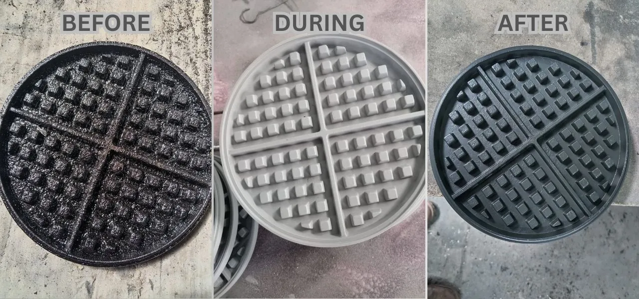 A waffle plate before, during and after coating